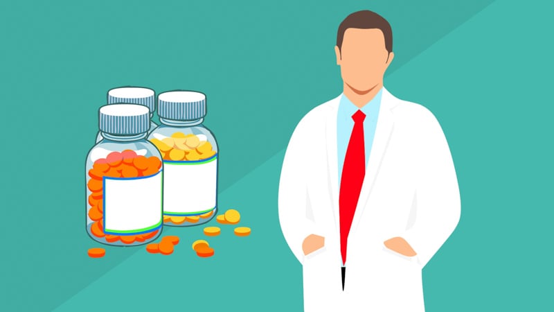 Illustration of a male doctor and three bottles of CBD capsules