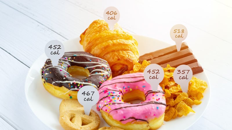 Various types of food with calories measurement on top of each
