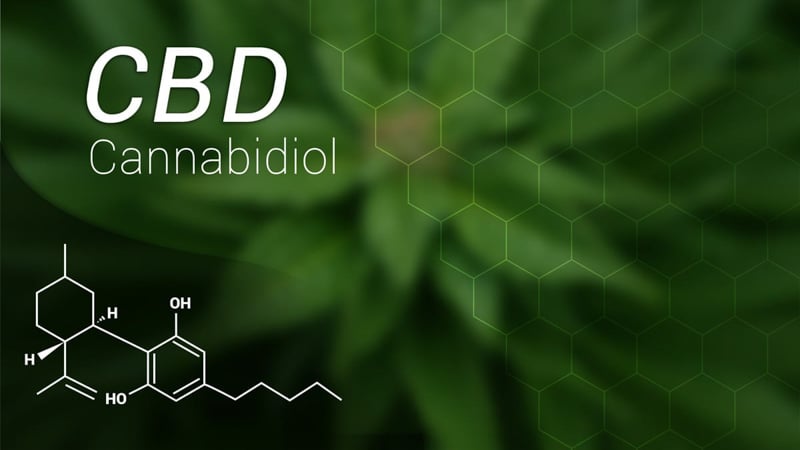 Cannabidiol chemistry structure with hemp in background