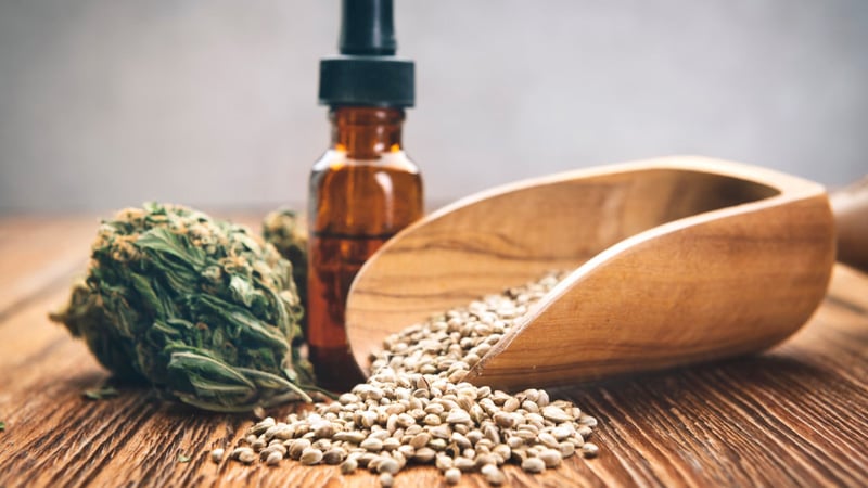 Hemp seeds spilling out of a wooden trough and CBD oil in the background