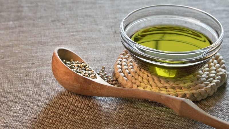 hemp seed oil on a wooden table