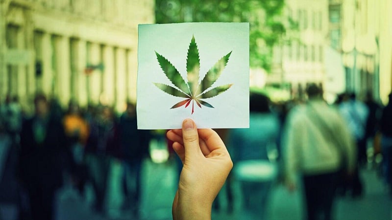 a hand holding a paper cut out marijuana leaf with people walking at the back