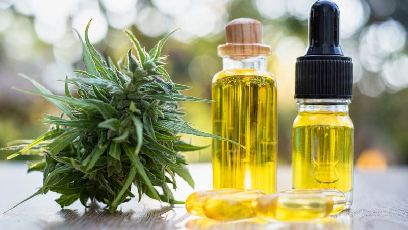 Two Bottles of CBD Oil With Hemp Leaves