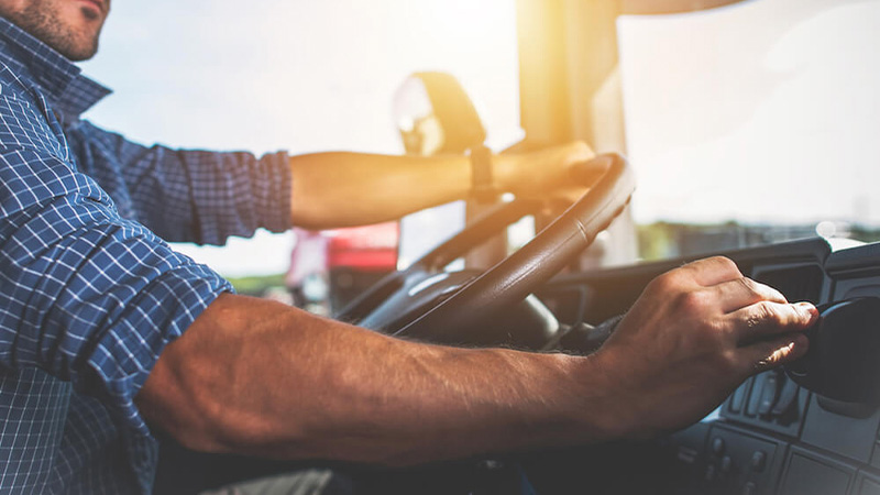 A truck driver on the steering wheel.